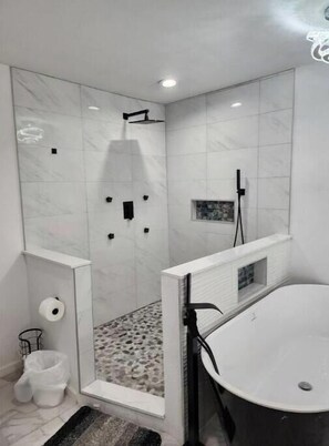 Hair dryer, towels, soap, toilet paper