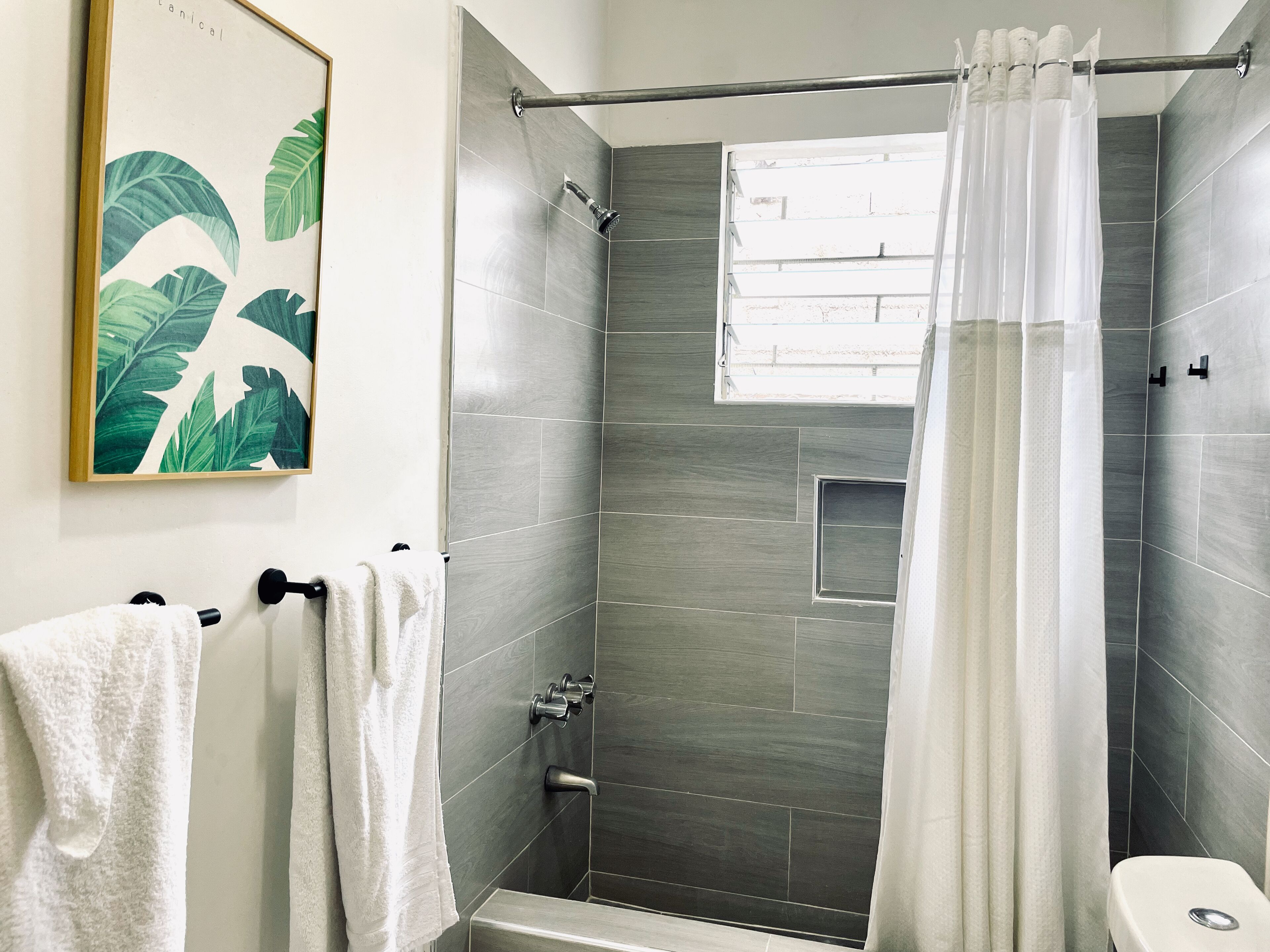 Hair dryer, towels, soap, toilet paper