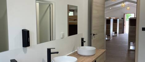 A modern bathroom with two sinks, a large mirror, and a wooden vanity.