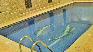 Ein Hallenbad mit klarem, blauem Wasser, einer gefliesten Umrandung und einer Metallleiter.