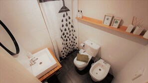 Hair dryer, towels, soap, shampoo