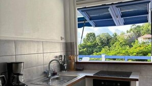 A modern kitchen with a built-in oven, a coffee maker, and a window overlooking a lush garden. - T3 private pool - Paprika -Terrasses de la wallon (Les Trois Ilets)