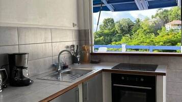 Fridge, microwave, oven, coffee/tea maker