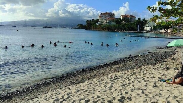 A beach with clear blue water, people swimming, and buildings in the background. - T3 private pool - Paprika -Terrasses de la wallon (Les Trois Ilets)