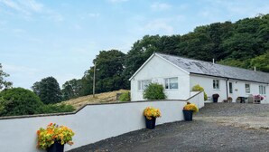 Une maison blanche avec un toit en pente, une allée gravillonnée et des jardinières ornées de fleurs jaunes.