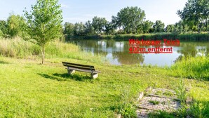 A park with a bench and a pond. - Base Camp for the Harz and City Tours Leipzig, Magdeburg, Dessau, Quedlinburg... (Gröbzig)