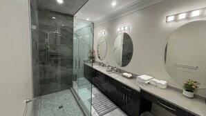 A modern bathroom with a glass-enclosed shower, a vanity with a large mirror, and a potted plant on the counter.