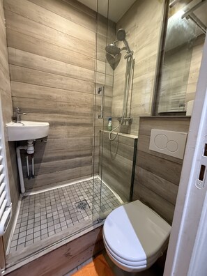 Hair dryer, towels, soap, toilet paper