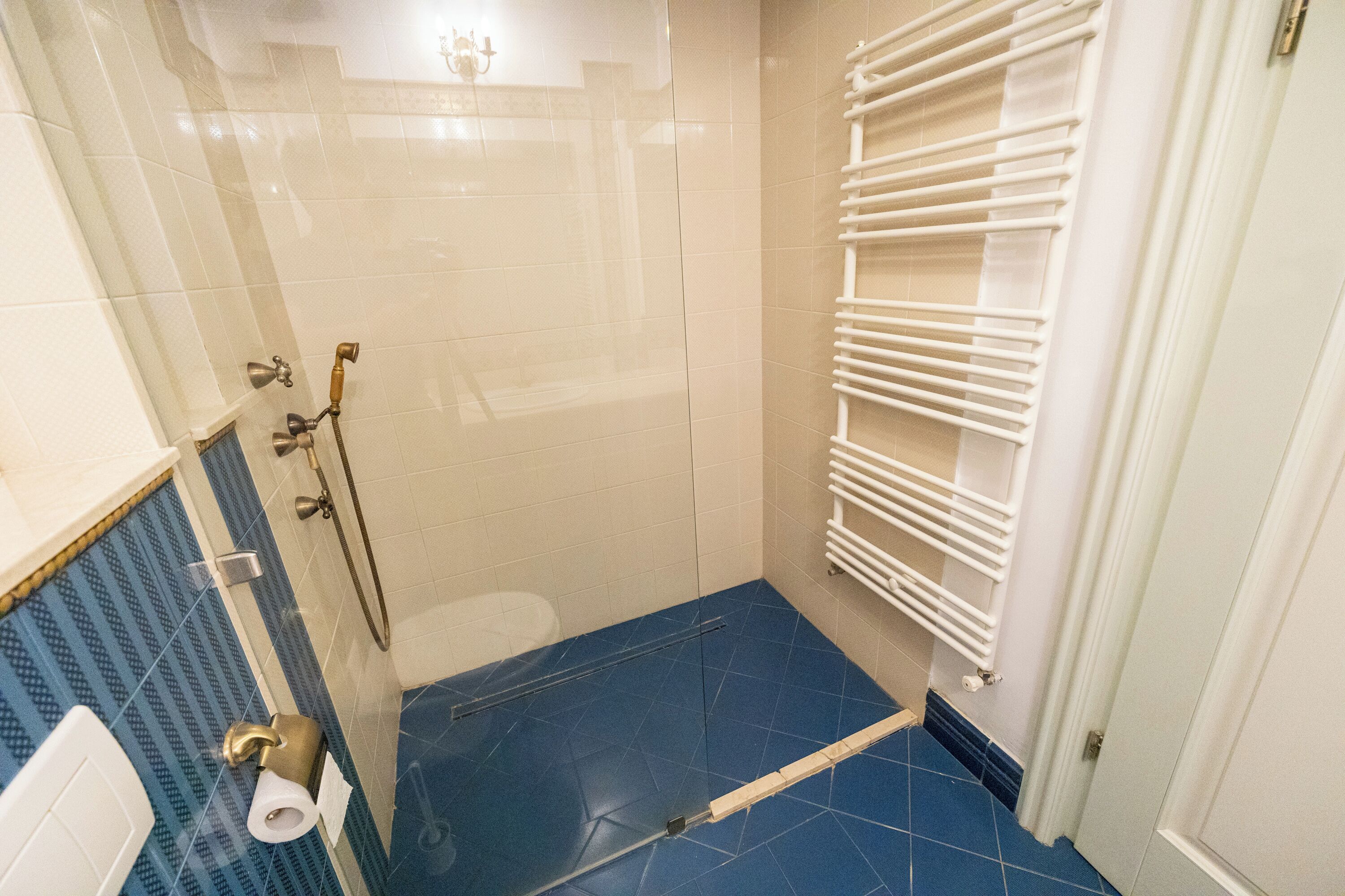 Un baño con ducha, inodoro y barra para toallas.