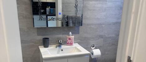 A modern bathroom with a white vanity, a mirror, and a toilet.