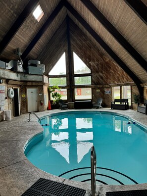 An indoor swimming pool with a high, sloped ceiling and large windows.