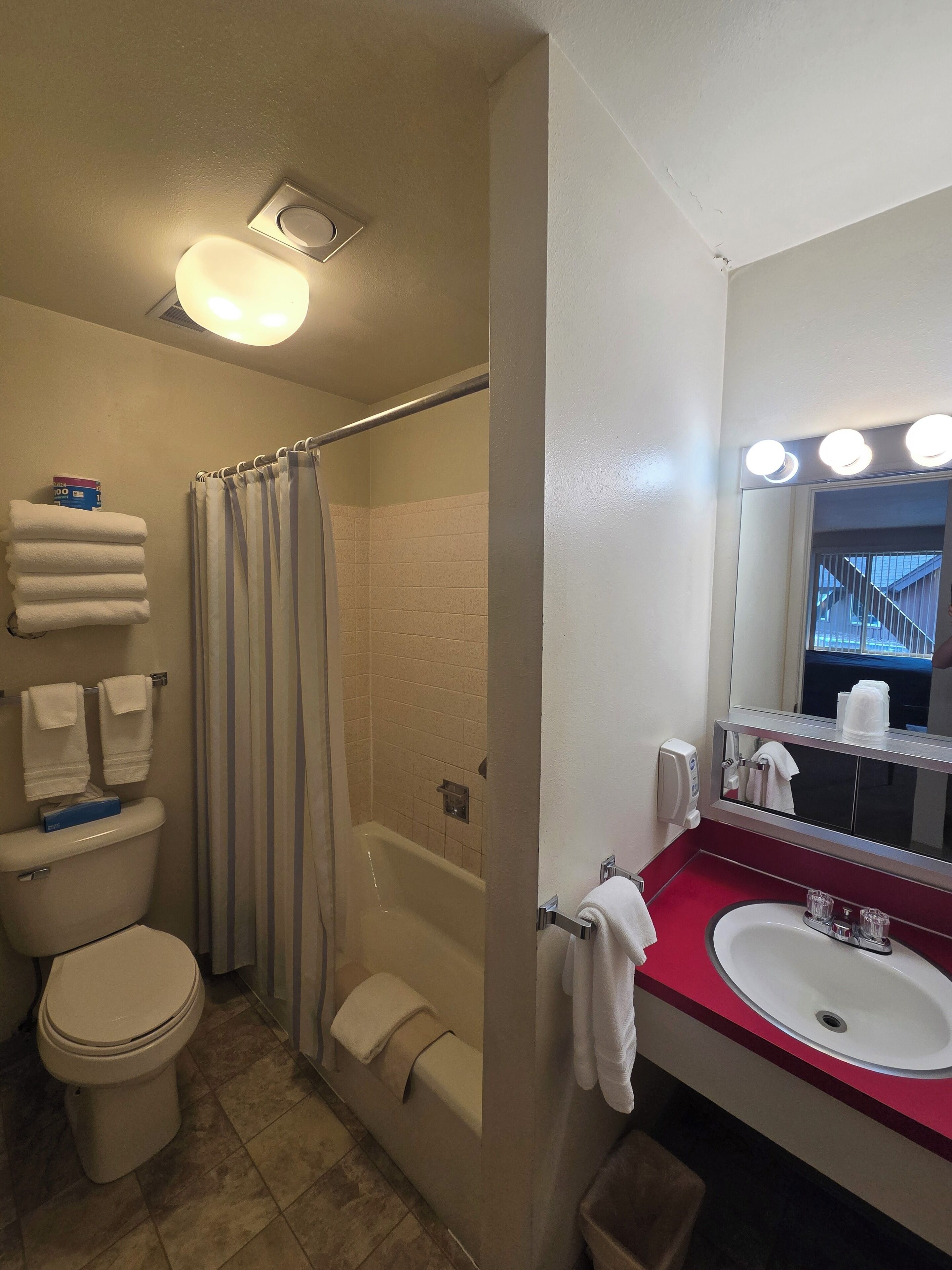 Ein Badezimmer mit Toilette, Dusche, Waschbecken und Spiegel.