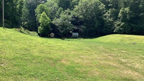 A grassy field with a small building in the distance, surrounded by trees.