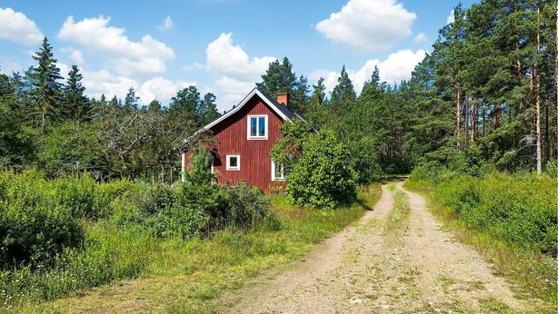 A red wooden house with a dirt path leading to it, surrounded by dense forest. - Awesome home in Alsterbro with WiFi (Alsterbro)