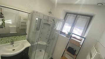 Hair dryer, towels, soap, toilet paper
