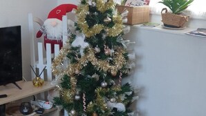 Un salon décoré d’un sapin de Noël, d’une télévision, d’une petite table avec une bougie et d’une figurine de renne décorative.