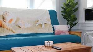 A blue sofa with a beach-themed blanket, a remote control, and a plant in a room with a window and air conditioning unit. - Seaside Social Deluxe - Steps to Wally's, Goat (Hampton)