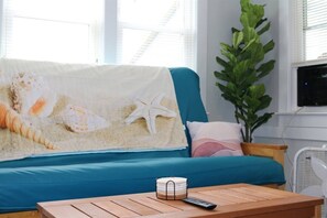 A blue sofa with a beach-themed blanket, a remote control, and a plant in a room with a window and air conditioning unit.