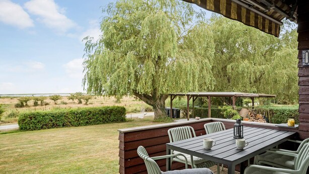 An outdoor patio with a table and chairs, a pergola, and a weeping willow tree.