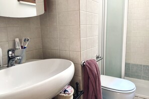 A bathroom with a white sink, a toilet, and a shower area.