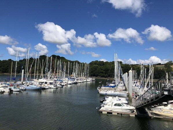 A marina with numerous sailboats docked, surrounded by lush greenery and hills.