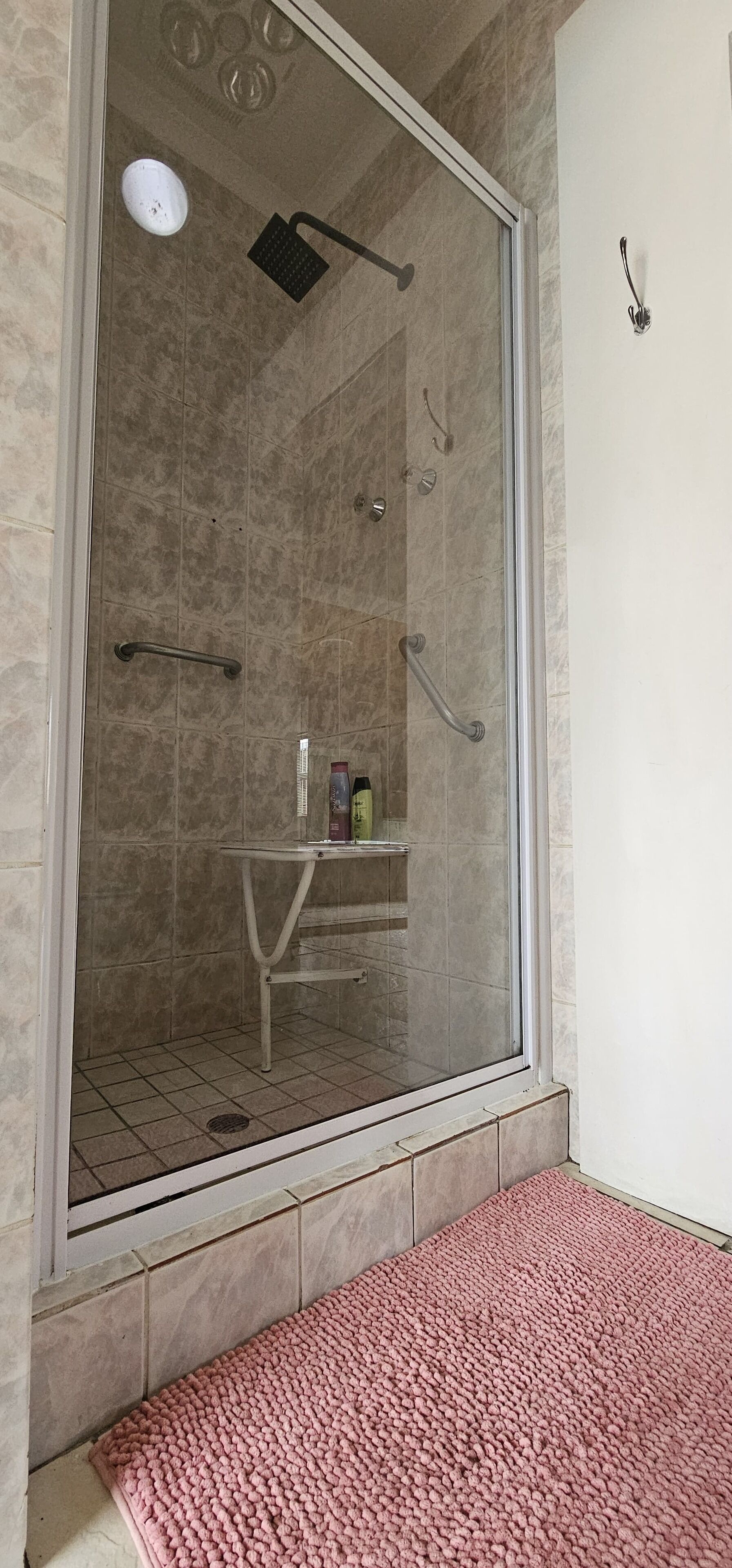 Regadera, secadora de cabello, toallas, jabón 