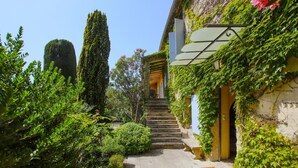 A garden pathway leading to a building with a stone staircase, surrounded by lush greenery and a tall tree. - Gorgeous home in Clansayes Clansayes (clansayes Clansayes)