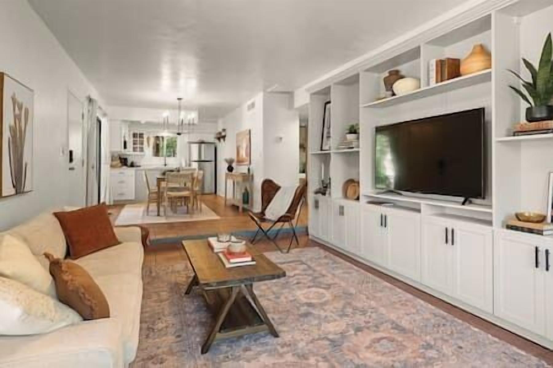 Smart TV, fireplace, books