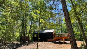 A cabin in a forest with a dirt path, surrounded by trees. - Nordic Tiny House (Scott County)