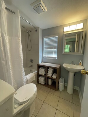 Hair dryer, towels, soap, shampoo