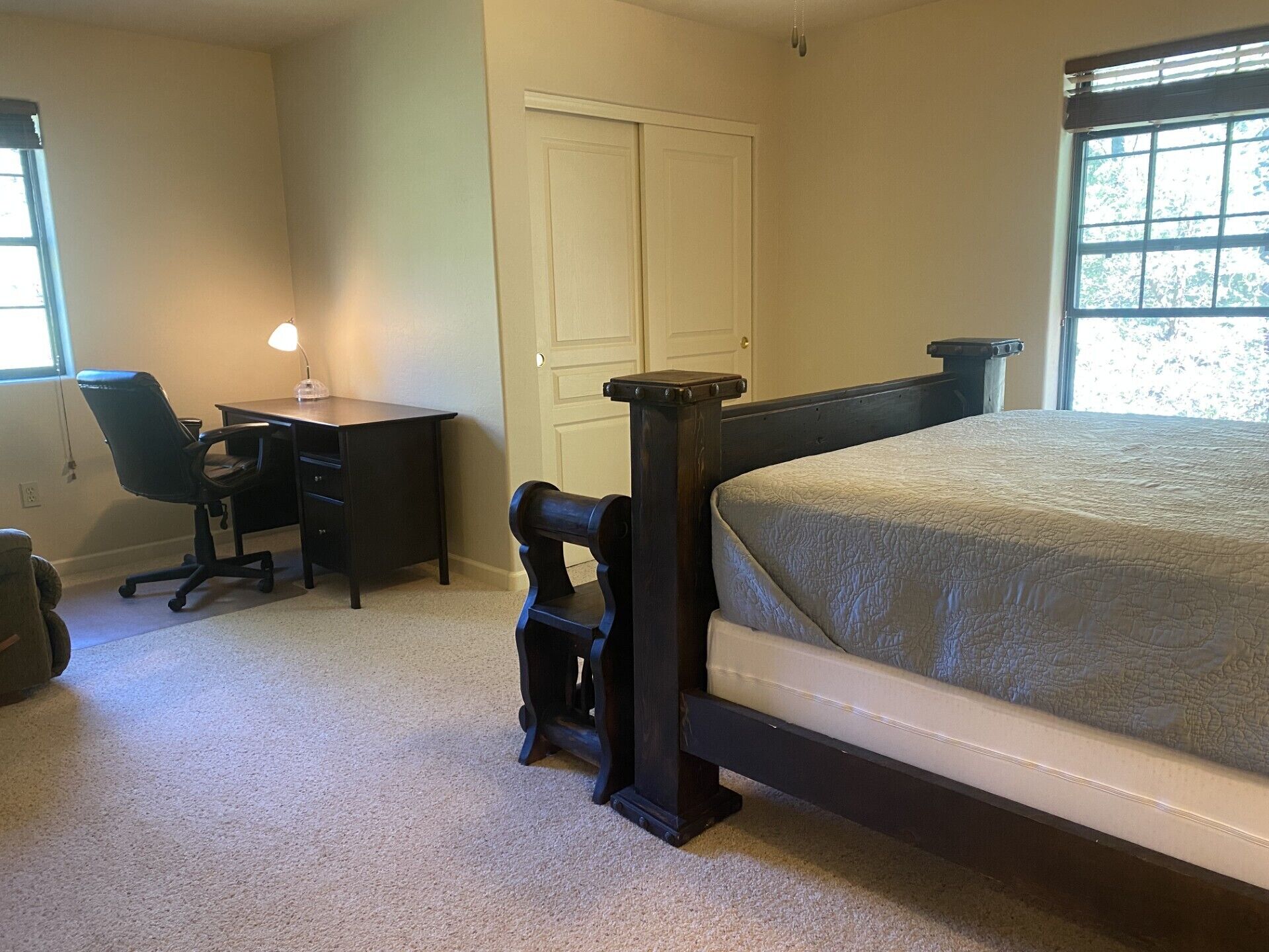 A bedroom with a bed, a desk, a chair, and a door.