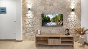 A modern living room with a stone wall, a flat-screen TV mounted on it, a wooden entertainment unit below, and a vase with dried flowers on the right. - Cozy home in Mirlovic Zagora (Mirlovic Zagora)