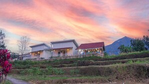 A modern hotel with a flat roof and a covered outdoor area with string lights. - Santya Loka Lodge and Twin Waterfall (Tabanan)