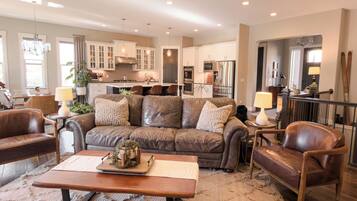 TV connectée, cheminée, livres, chaßne hi-fi