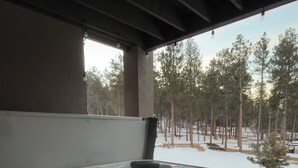 Tinaco con vista a un bosque nevado.