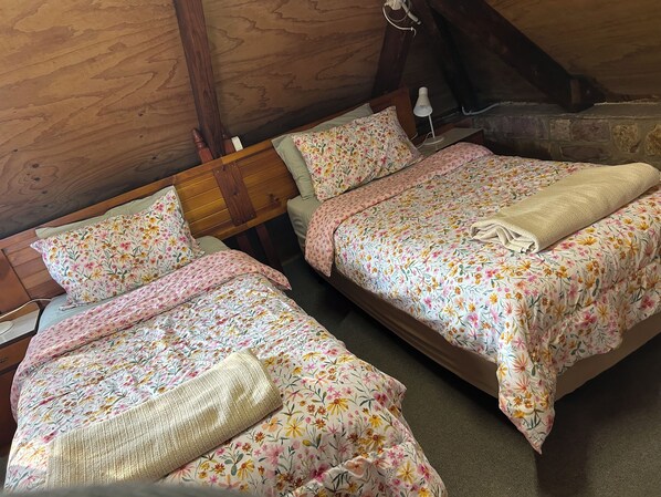 A cozy room with two single beds, wooden headboards, and a stone fireplace.