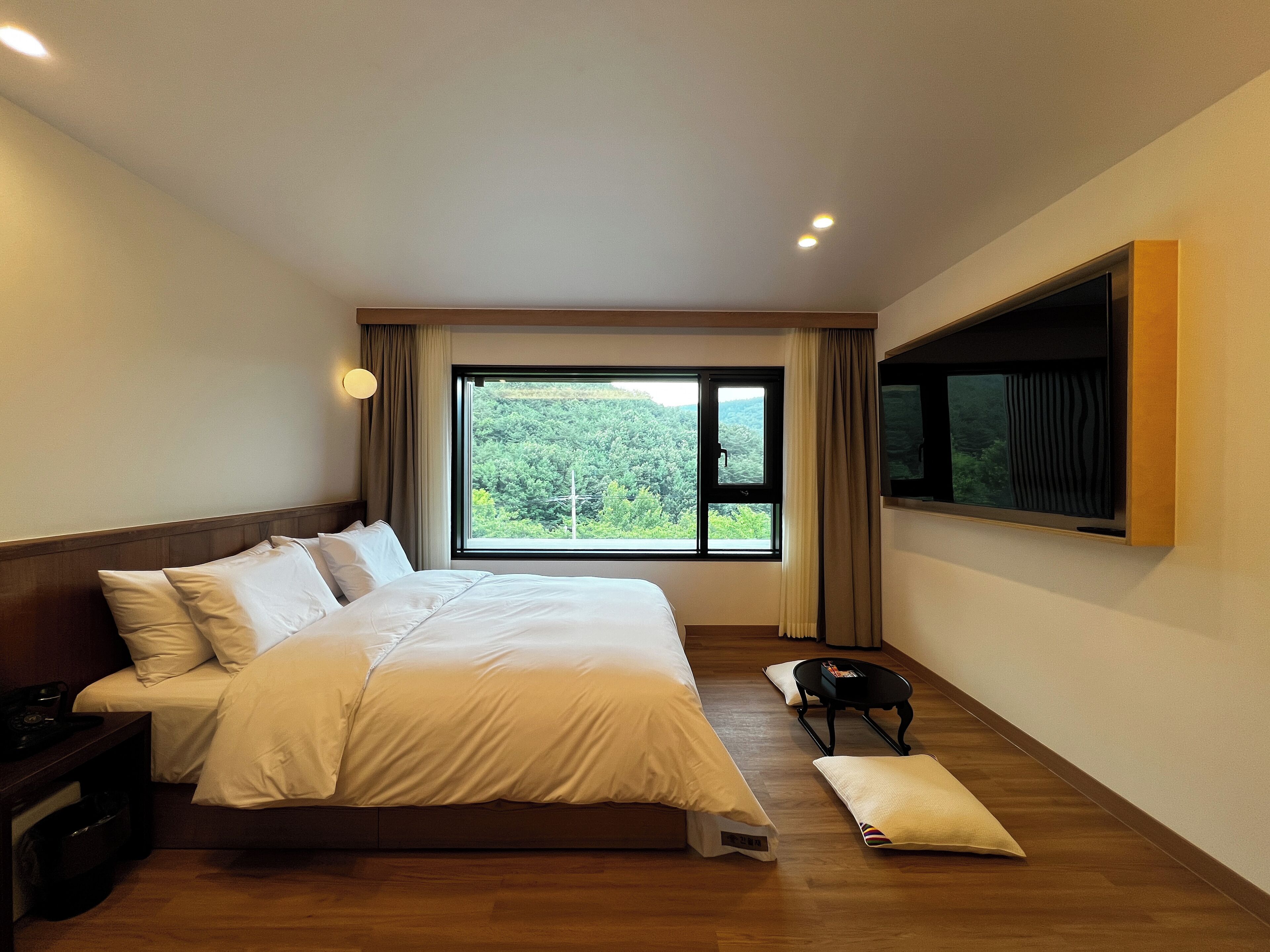 A hotel room with a large bed, a TV mounted on the wall, and a window offering a view of the forest.
