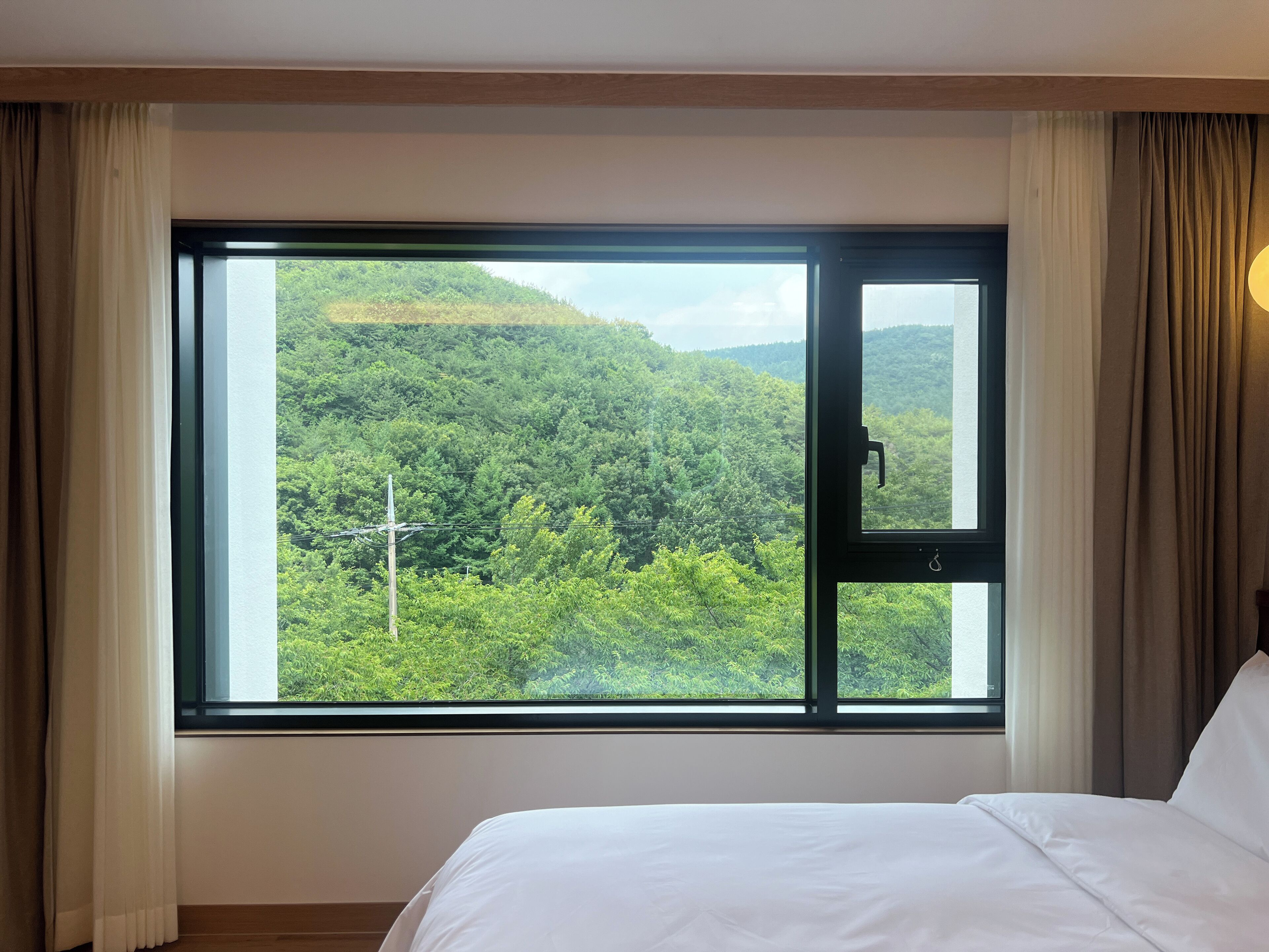 A hotel room with a large window offering a view of a lush green landscape.