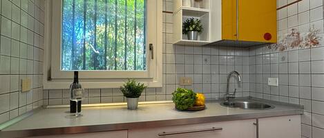 Fridge, microwave, cookware/dishes/utensils