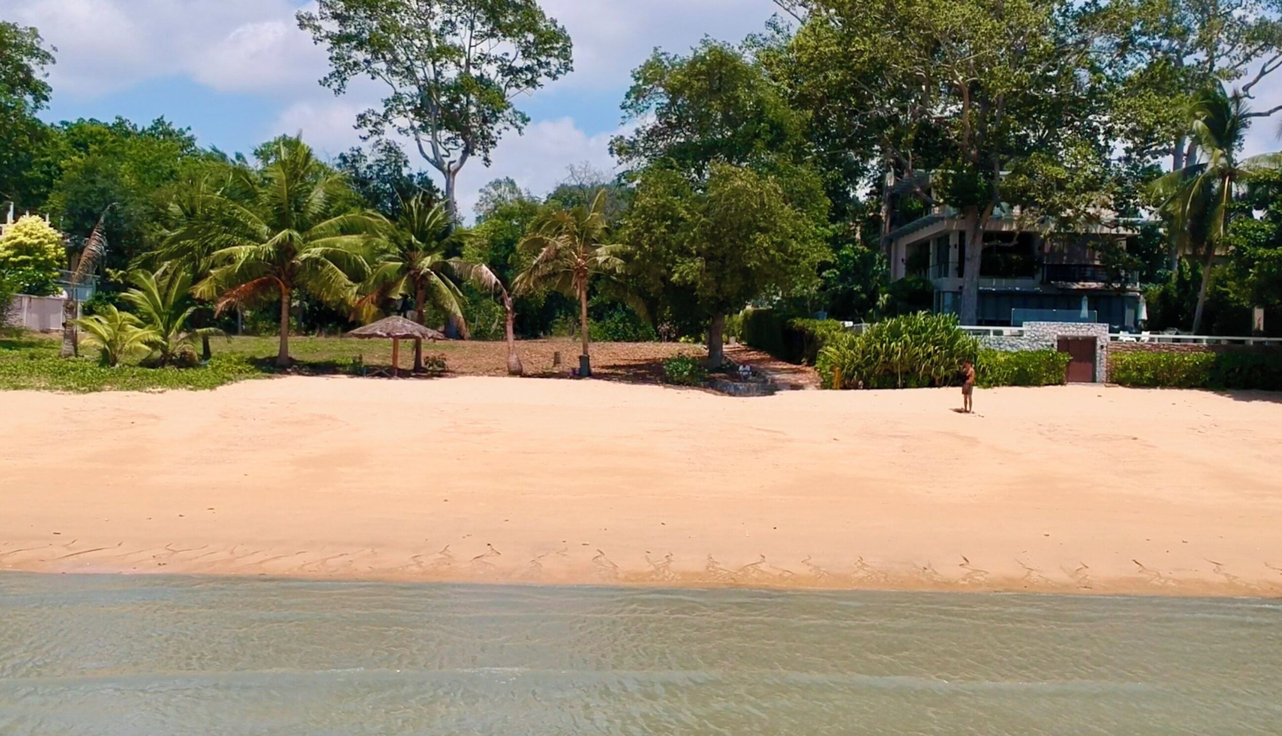 A beach with a sandy shore, palm trees, and a small structure.