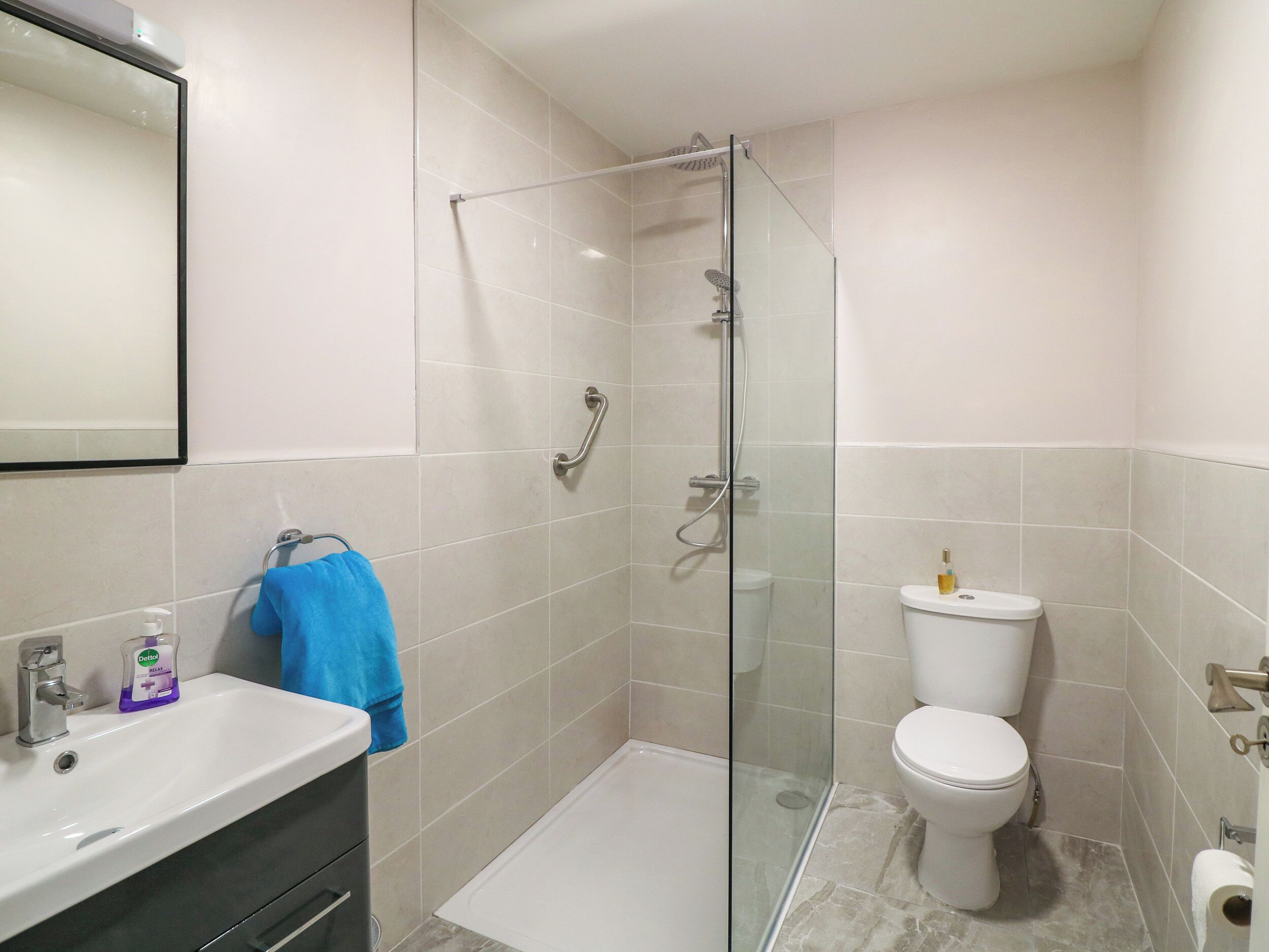 Un bany modern amb dutxa envidriada, vàter blanc i un lavabo amb dispensador de sabó.