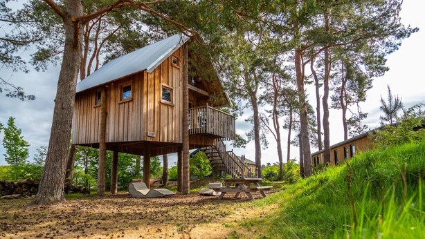 A wooden treehouse with a balcony, surrounded by trees and a picnic area. - Nice Chalet With Dishwasher, on the Veluwe (Otterlo)