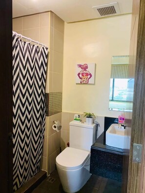 Shower, hair dryer, towels, soap