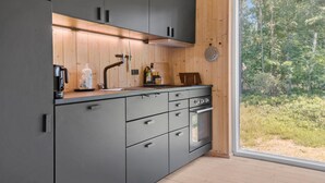 A modern kitchen with grey cabinets, a black countertop, and a large window offering a view of a forest. - 3 bedroom amazing home in Stege (Stege)