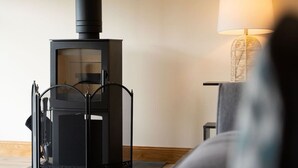Ein modernes Wohnzimmer mit Kaminofen, einer Lampe und einem Korbstuhl.