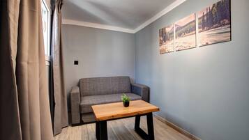Un petit salon moderne avec un canapé gris, une table basse en bois et une plante en pot.