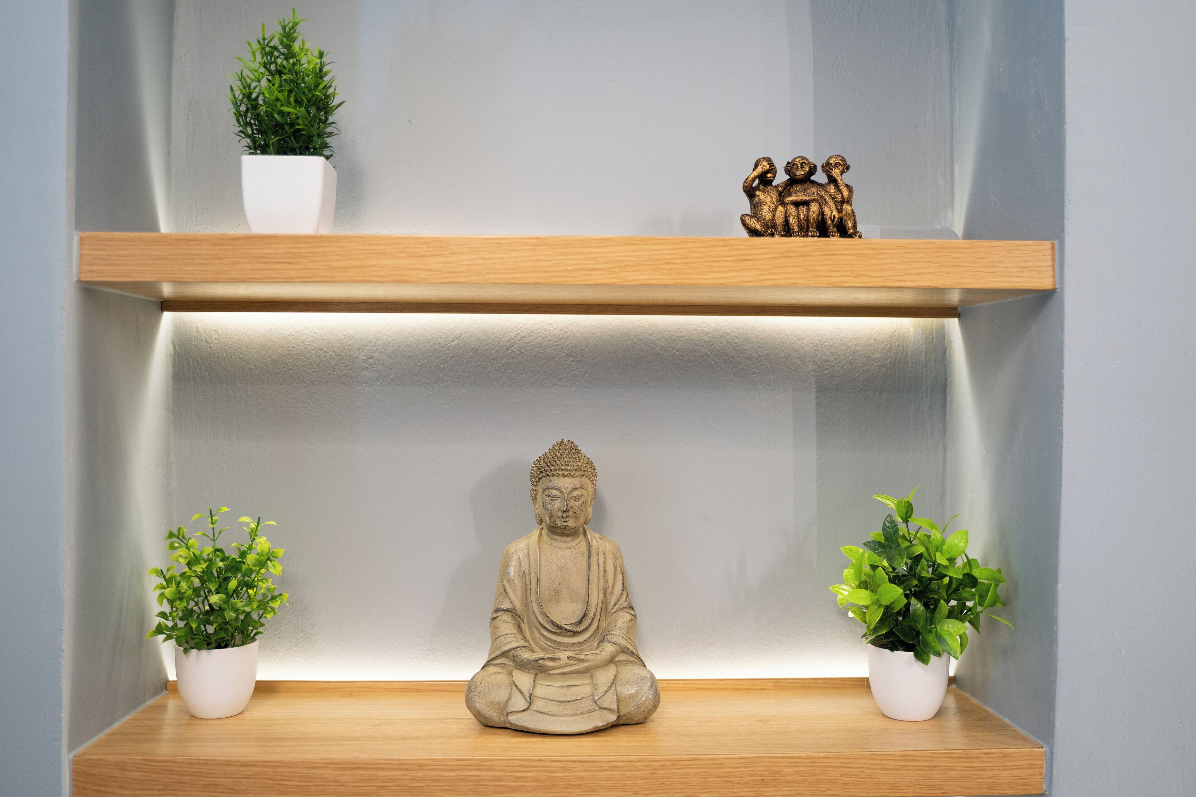 A meditation statue on a shelf with two potted plants on either side.