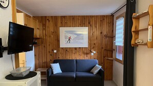 A cozy living room with a wooden paneled wall, a flat-screen TV, a sofa, a framed picture, and a window with blinds. - Divisible studio, southwest balcony, quiet, 24m² (La Plagne Montchavin Les Coches)