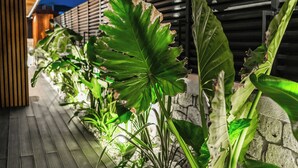 A wooden deck with tropical plants and a stone wall. - The Grey Alaçatı (Cesme)