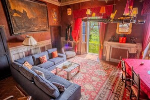 TV, fireplace, books